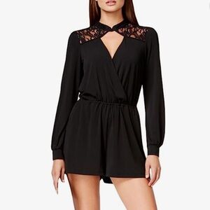 BCBGeneration Black Long Sleeves Lace Neck Jersey Romper XS X-Small